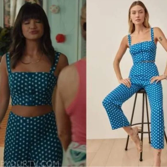 Reformation River Floral Two Piece Crop Top Pant Set Blue White Size 12